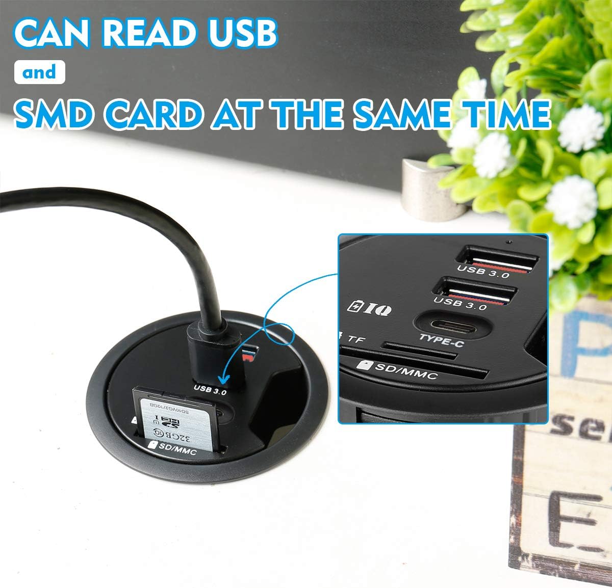 Grommet Desk-Fit USB 3.0 Hub (Diameter 2.36" or 60MM) 2 Port Type-A and 1 Port Type-C with SD/TF Card Reader,Compatible Charging and Data Transmission,