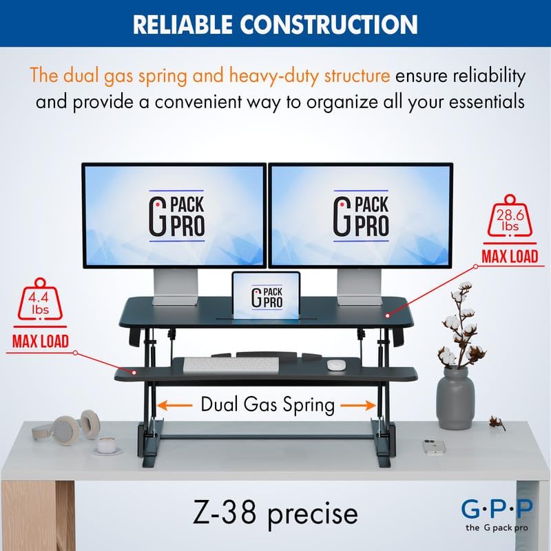 Standing Desk Converter – 38" Wide Stand Up Desk Riser – Quick Sit to Stand Tabletop Dual Monitor Workstation – Height Adjustable Up to 17.3" – Black