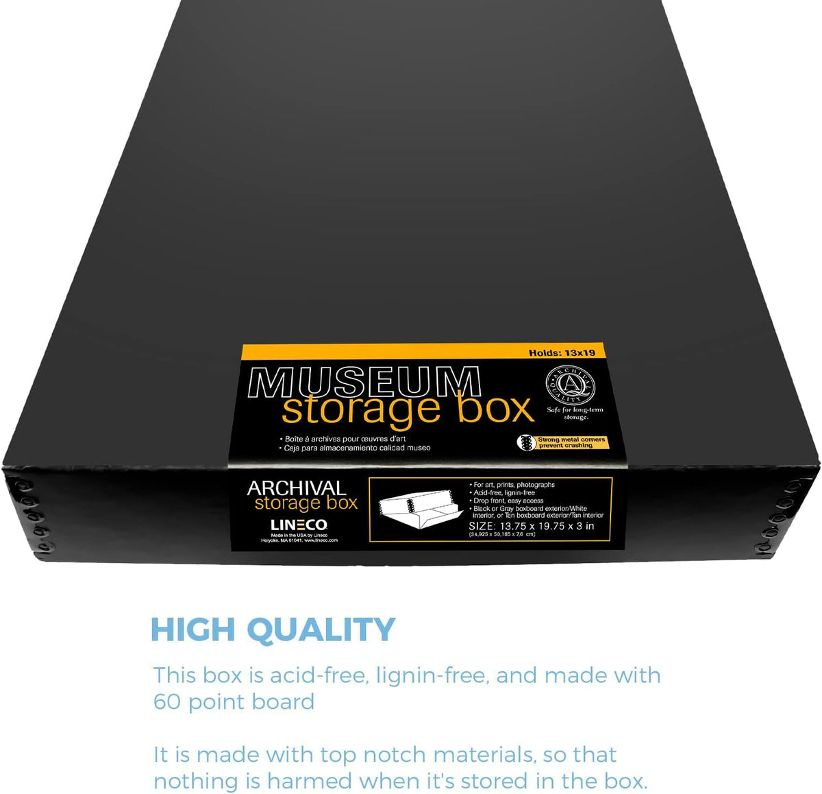 Lineco 13x19 Black Museum Storage Box, Removable Lid and Drop Front Design, 13.5 x 19.5 x 3 in Archival with Metal Edge, For Picture Longevity, Photos, Document, Crafts, Paper Art Print