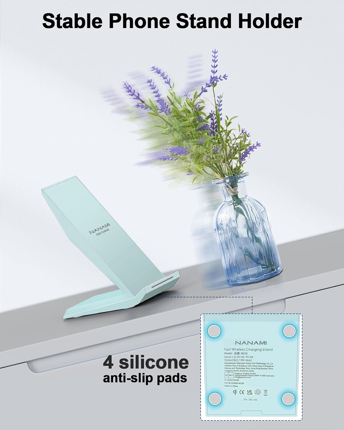 NANAMI Wireless Charger - Fast Wireless Charging Stand Desktop Charger Dock for iPhone 17/17 Air/16/15/14/13/12, 10W for Samsung Galaxy S25/S24/S23/S22/S21/S20/Note 20 Ultra/10/9 and Qi-Enabled Phone