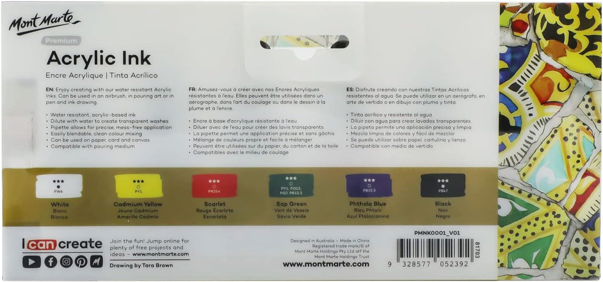 Mont Marte Acrylic Ink Premium 6pc x 20ml (0.7 US fl.oz), Acrylic Inks for Artists, Essential Colors, Ideal for Air Brush, Pouring Art, Scrapbooking, Ink Drawing, Mixed Media