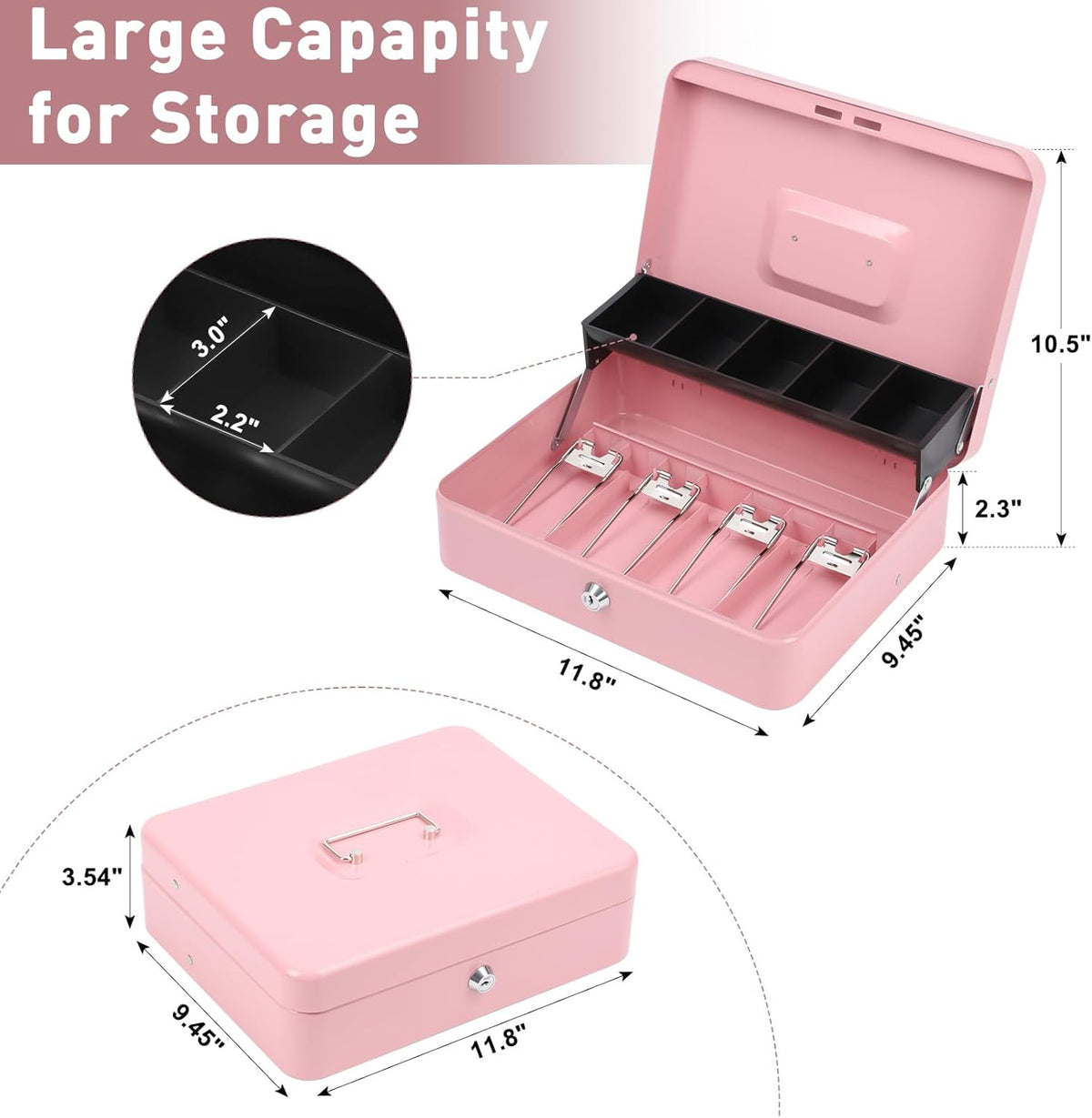 KYODOLED Locking Cash Box with Lock,Money Box with Cash Tray,Lock Safe Box with Key,Money Saving Organizer,11.81Lx 9.45Wx 3.54H Inches,Pink XL Large