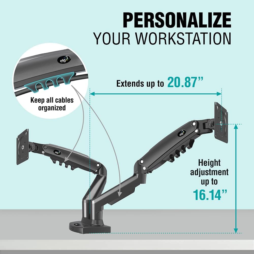 ELG Full Motion Swivel Dual Monitor Desk Mount Stand Gas Spring for Two Screens 17β to 35'' (4.4lbs to 19.8lbs Load for Each Display), Computer Monitor Stand F160N, Black