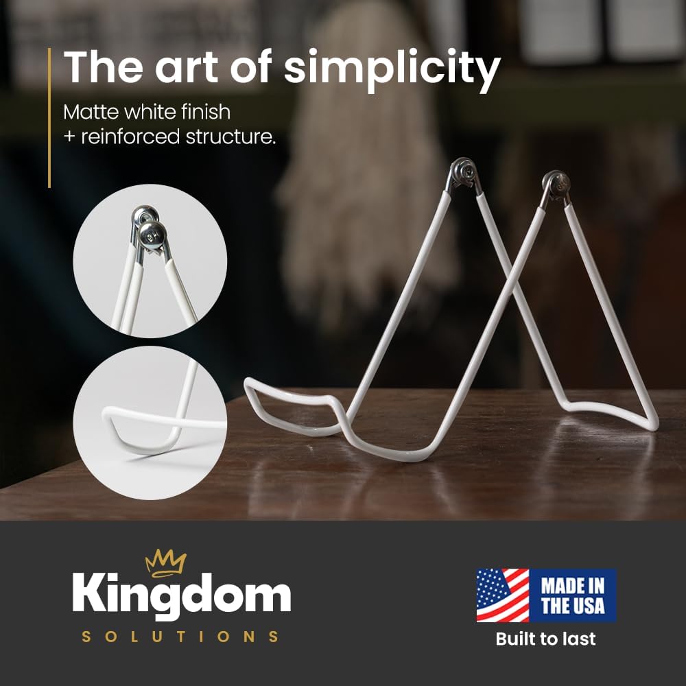 KINGDOM SOLUTIONS MADE IN USA 4-Pack Sturdy & Durable Adjustable White Metal Easels to Display Books, Frames, Comics, Plates & More - Unique on the Market