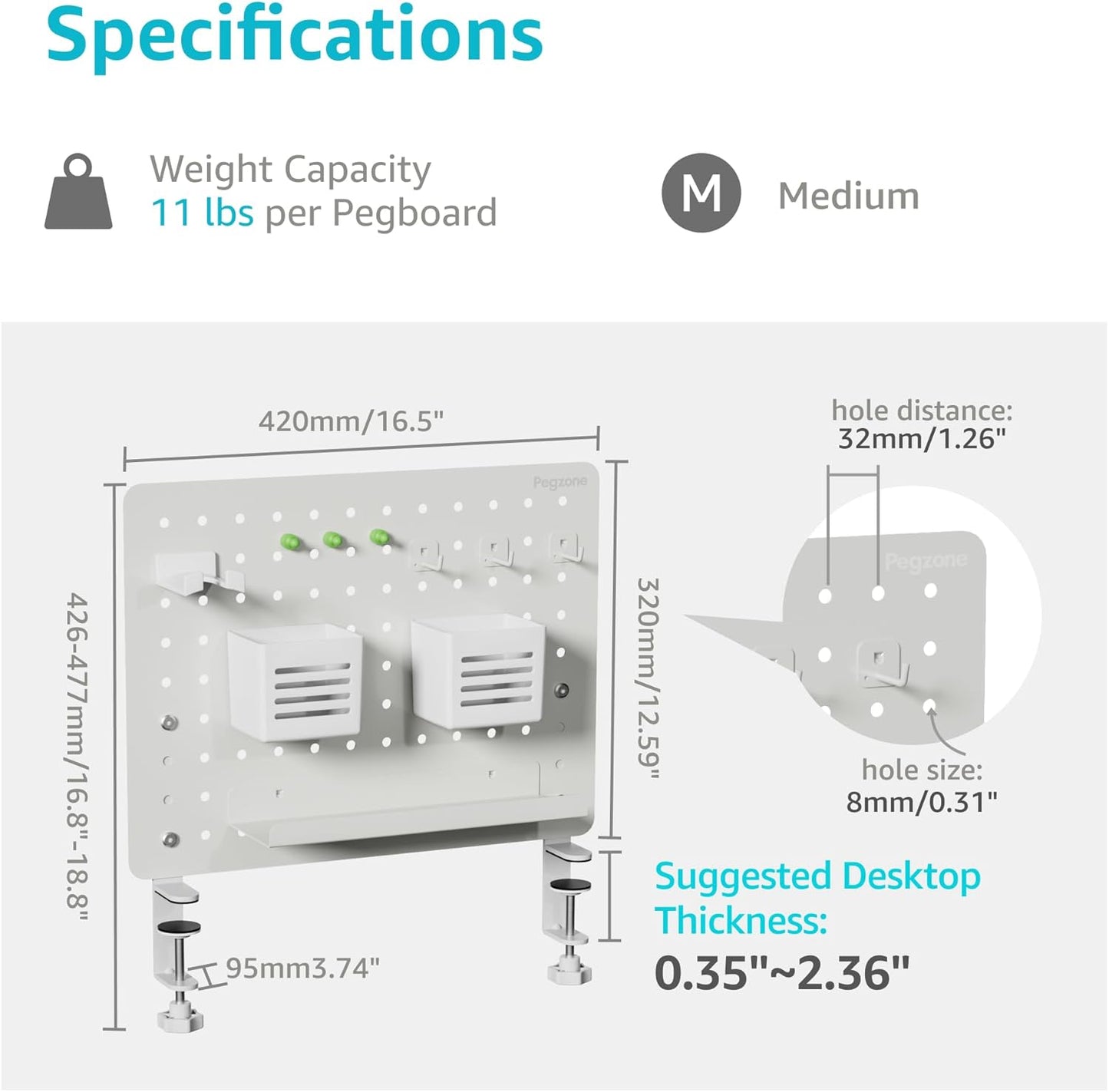 Clamp-on Desk Pegboard, Desk Organizer for Office Gaming Home, Magnetic Metal Peg Board with 10 Accessories, Privacy Panel for Office, 16.5" x 12.6", Medium, White