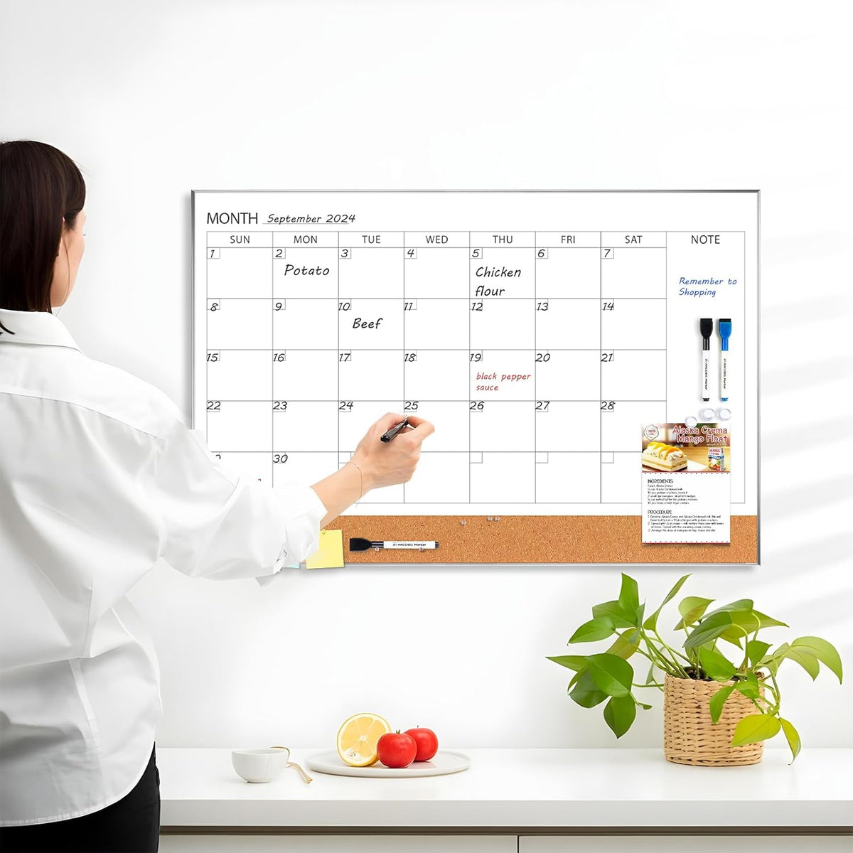 ARCOBIS Dry Erase Calendar with Cork Board for Wall, 36"x 24" Magnetic Calendar Whiteboard with Silver Frame, Monthly Combination Board for School, Home, Office