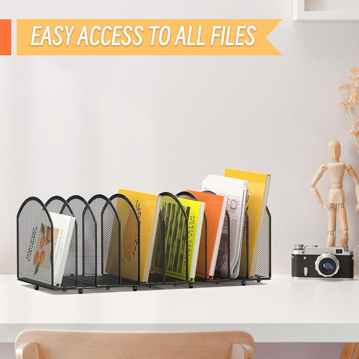 Desk File Organizer 5 Sections Desktop Organizer File Mail Sorter Office Organization File Folder Holder for Office School & Classroom (Black, 5 Section - 2Pack)