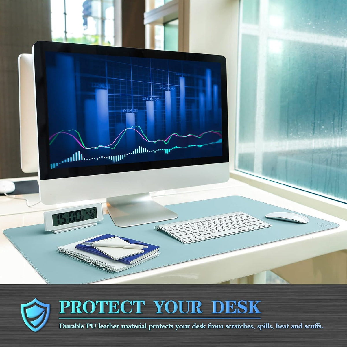 K KNODEL Desk Mat, Blotter, Dual-Sided Office Desk Pad, Waterproof Desk Mat for Desktop, Desk Blotters, PVC Leather Pad Protector (Light Blue, 23.6" x 13.8")