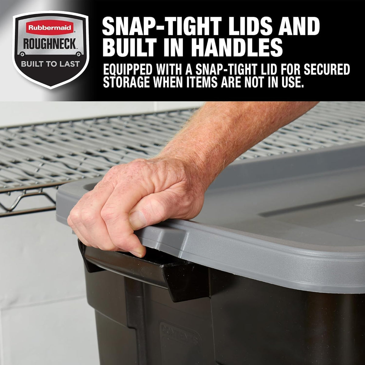 Rubbermaid Garage Storage Bins Black Plastic Stackable Storage with 3-Pack 31 GAL Capacity, Totes for Storage Home Organization Durable - Heavy Duty (31 GAL - 3 Pack Solid Black and Grey)