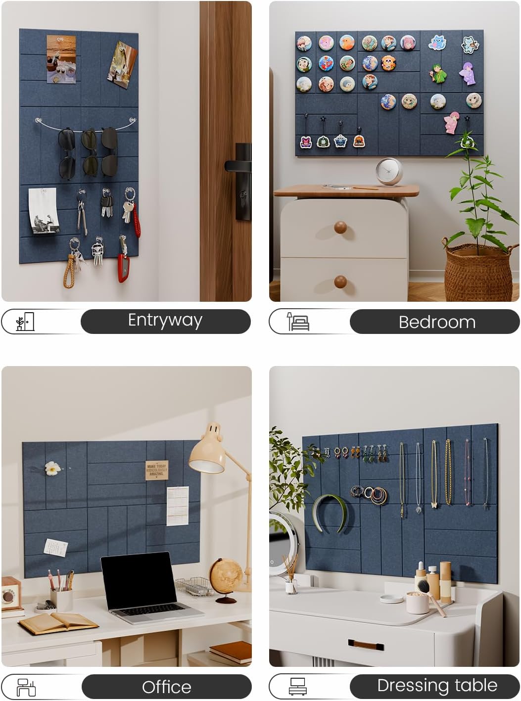 Felt Bulletin Board Tiles -28"x18" with 40 Adhesive Tabs, Cork Board Alternative for Office Decor, Push Pin Board Wall Organizer 6-Pack(Denim Blue)
