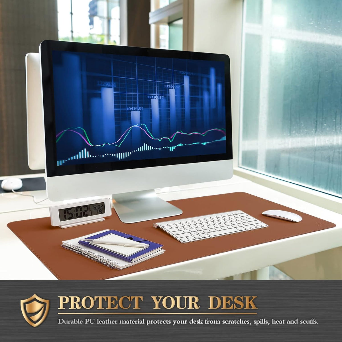 K KNODEL Desk Mat, Blotter, Dual-Sided Office Desk Pad, Waterproof Desk Mat for Desktop, Desk Blotters, PVC Leather Pad Protector (Brown, 35.4" x 17")