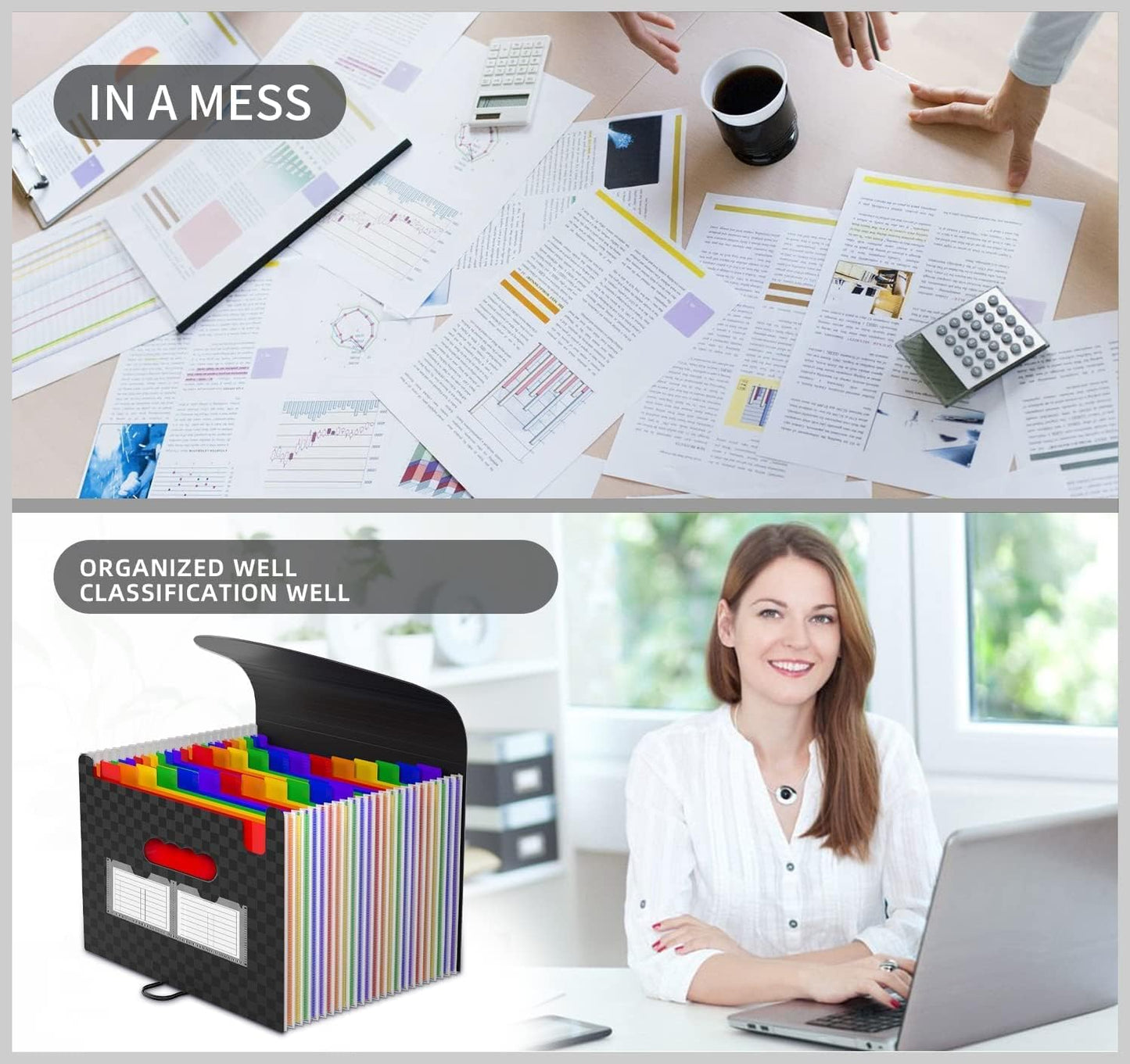 25 Pockets Accordion File Organizer Expanding File Folders,Expandable Document Organizer Plastic Accordian Filing Folder,A4/Letter Size Paper,Portable File Box,2 Tabs, Upgraded Grid Pattern