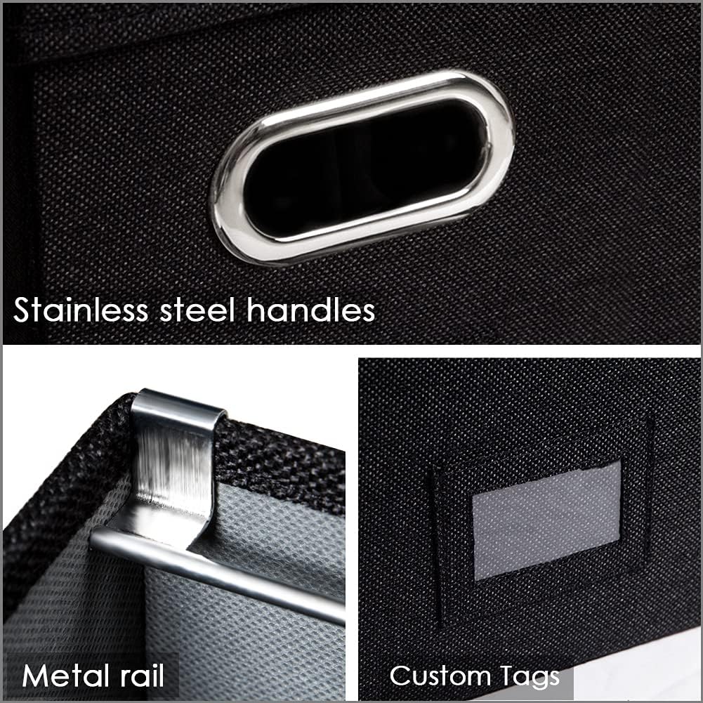PRANDOM File Organizer Box - Set of 2 Collapsible Decorative Linen Filing Storage Hanging File Folders with Lids Office Cabinet Letter Size Black (14x9.3x10.8 inch)