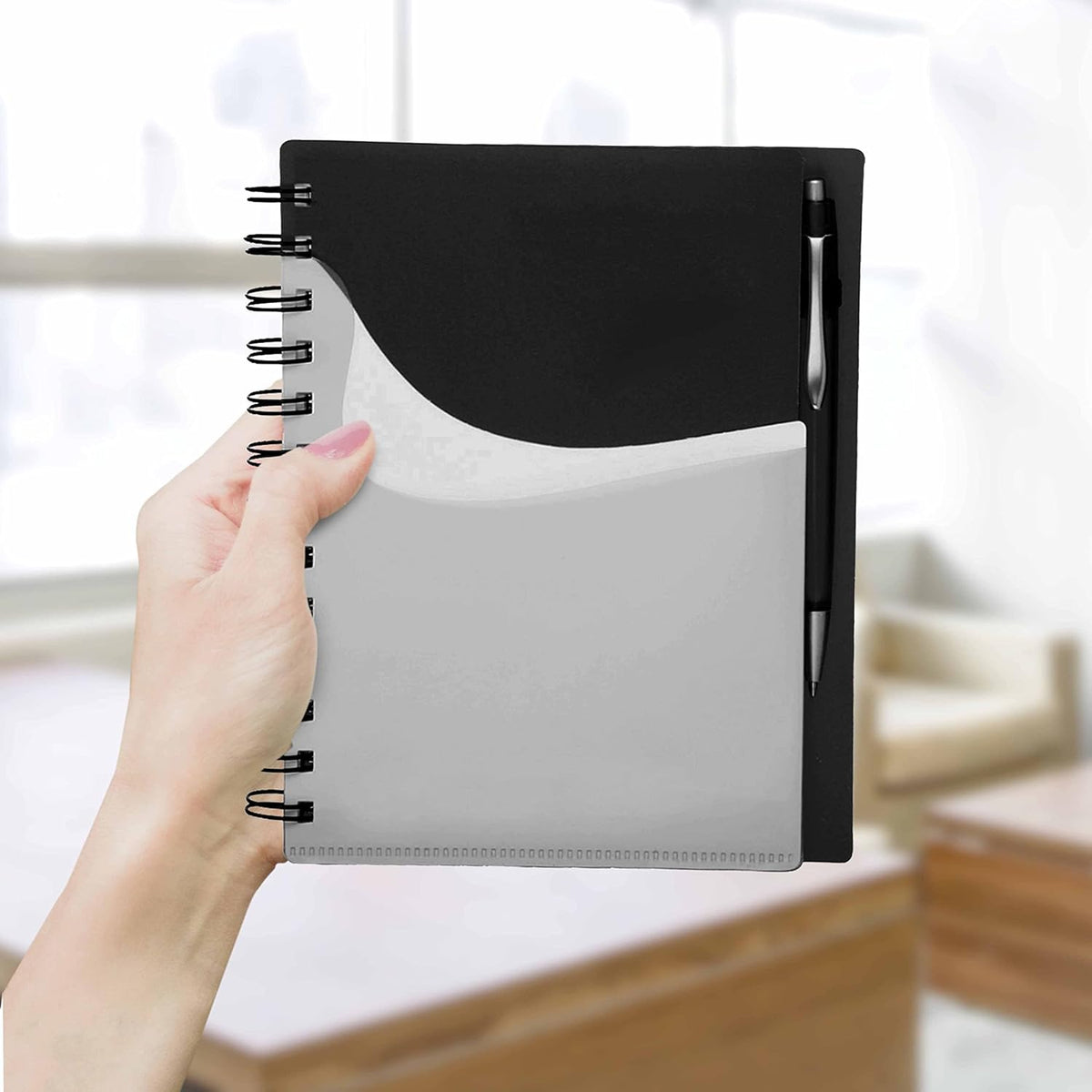 DISCOUNT PROMOS Spiral Notebooks with Front Pocket Set of 10, Bulk Pack - Durable Plastic Cover, Includes Matching Pen in Blank Ink, Perfect for School, Office, Home - Black