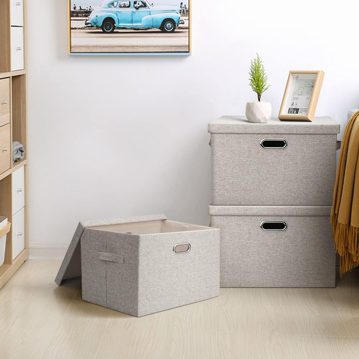 Large 17 36 Quart Collapsible Stackable Storage Bins with Lids, 1 Pack Beige Foldable Fabric Closet Storage Boxes with Lids, 4 Handles Toy Heavyduty Dark Gray Linen Storage Cube Box