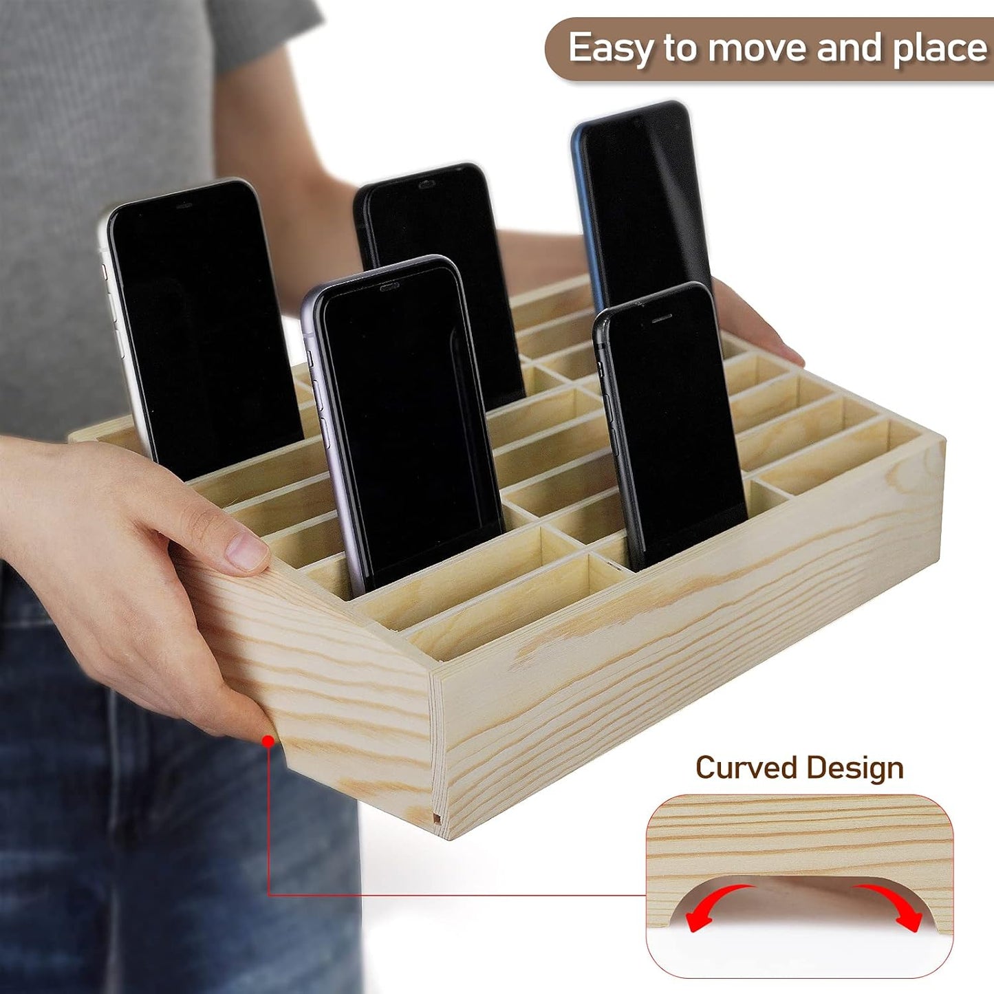 24-Grid Wooden Cell Phone Holder Desktop Organizer Storage Box for Classroom Office (24-Grid)