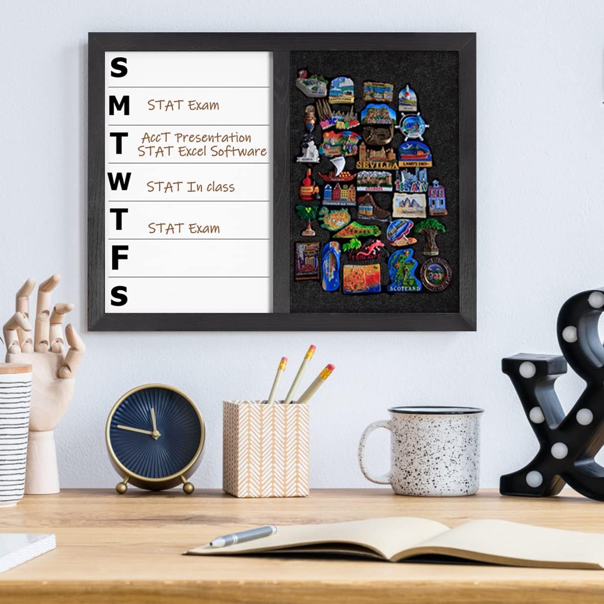 13" x 17" Magnetic Weekly Dry Erase White Board and Felt Board, Black Wood Frame,Magnetic Surface Whiteboard for Home Office and Wall Decor(ZHZL-3343)