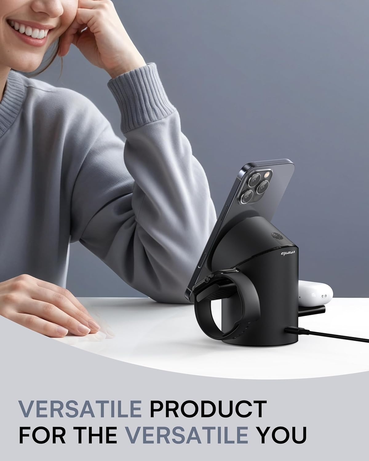 ZEEHOO 3 in 1 Charging Station for Apple Devices, Mag-Safe Charger Stand, Qi2 15W Auto-Rotating Wireless Charger for iPhone 16/15/14/13/12 Series& AirPods& iWatch(Black)