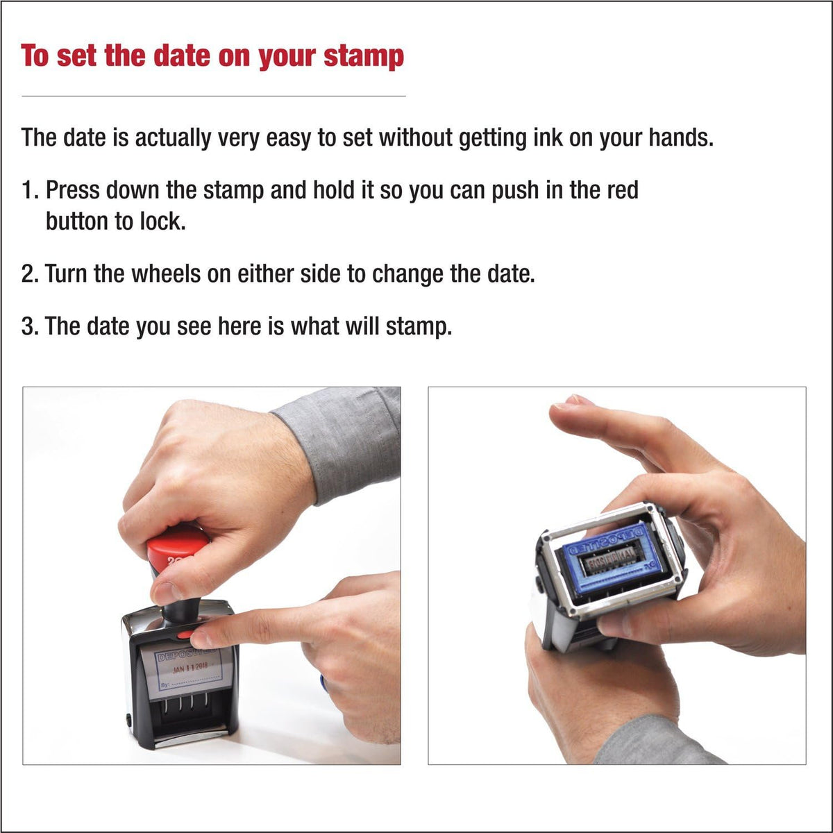 Heavy Duty Date Stamp with Your Custom Text, Self Inking Stamp - 1" x 1-5/8” - 2-Color Blue/Red Ink