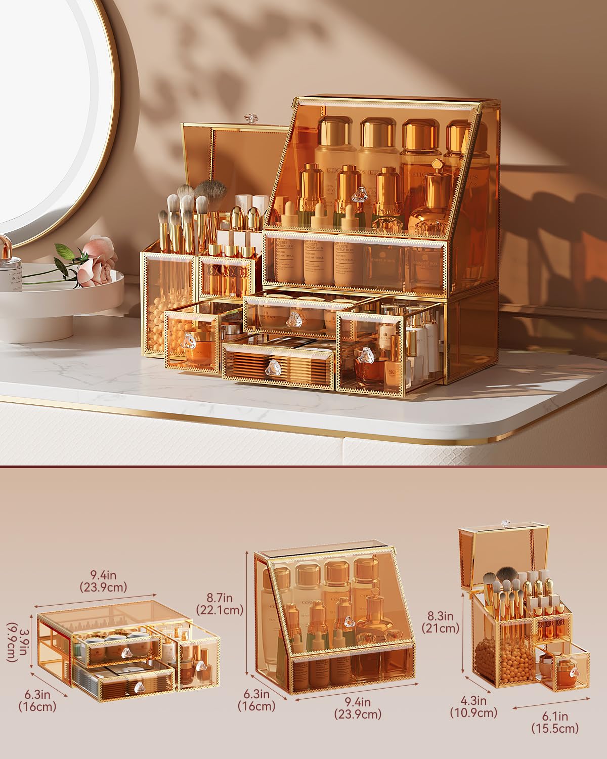 Makeup Organizer Amber,Glass Vanity Organizer for Skincare, Lipsticks, Perfume, Makeup Brushes – Countertop Cosmetic Storage Box for Women, Bathroom & Dresser