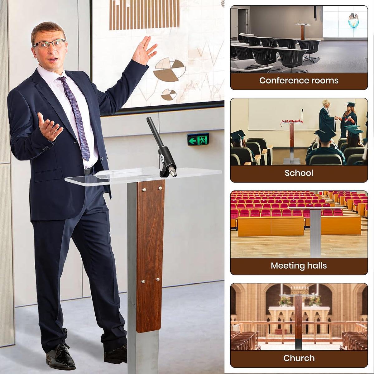 Stainless Steel Podium Stand with Acrylic Reading Surface & Hidden Cable Entry, Professional Modern Podium Stand with Wood Decoration for Church, Podium Stand for Church, Conference, Speech, Wedding