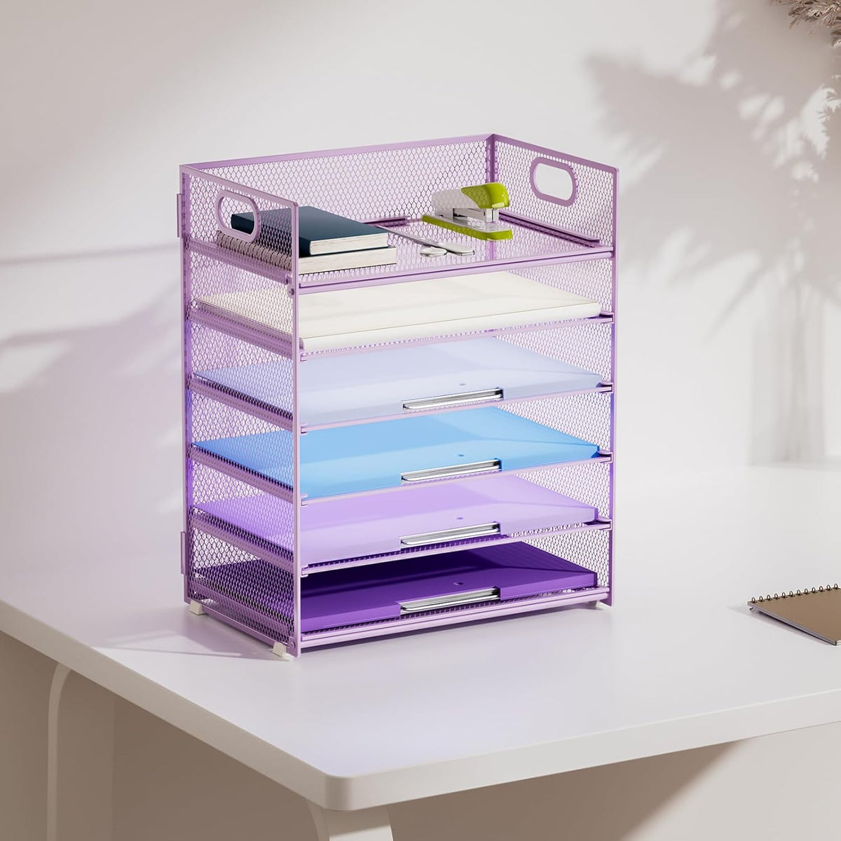Marbrasse 2 Pack Desk Organizer with Handle, 6 Tier Paper Letter Tray, Mesh Desk File Organizer for Office, School and Home - Purple