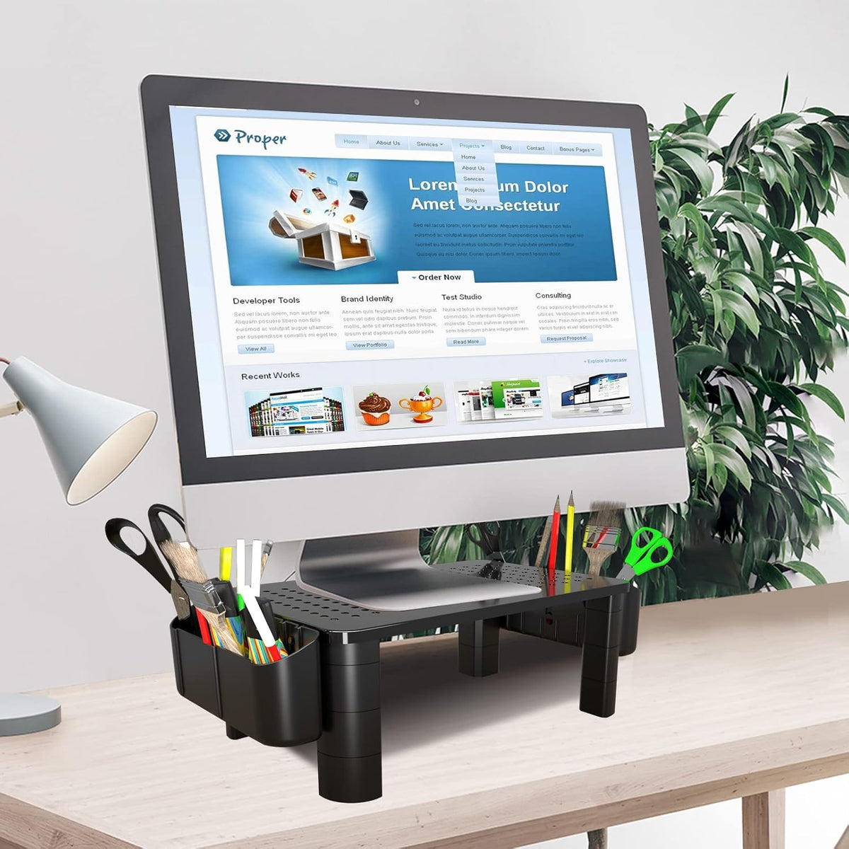 Pholiten Monitor Stand with Storage Drawer | Desk Organizer Riser for Computer Screens, Laptops | Office & Home Workspace Solution, 44lbs Capacity Weight,Black
