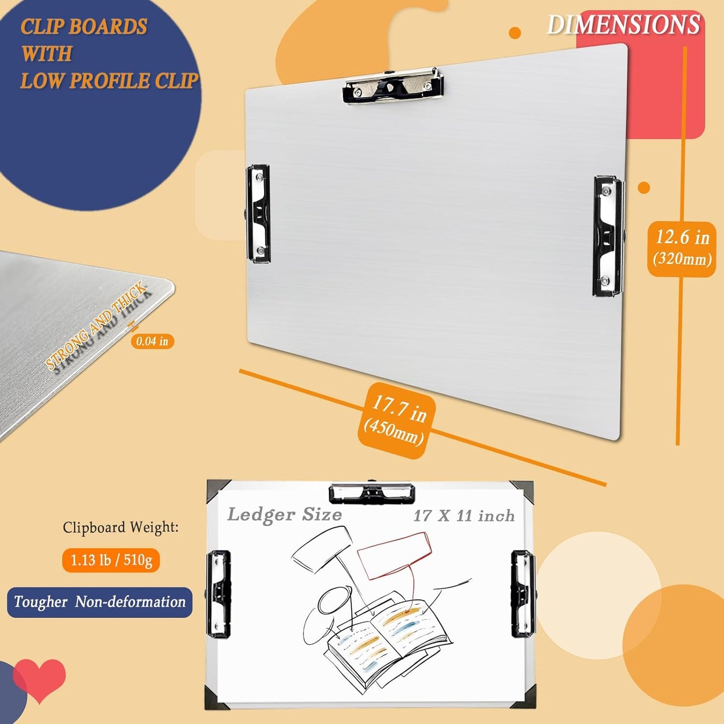 Three Clip Aluminum 11x17 Clipboard Metal Stainless Hangable Clipboards Art Pen Holder Extra Large Clip Board for Business Medical Professionals Workshop (Silver, A3-3Clip)