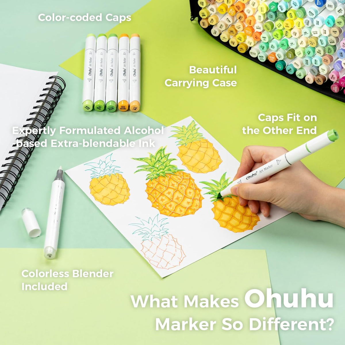 Ohuhu Alcohol Markers Brush Tip - 320-color Double Tipped Art Sketch Marker Set for Artists Adults Coloring Illustration -Brush & Chisel Dual Tips - Honolulu Series of Ohuhu Markers - Refillable Ink