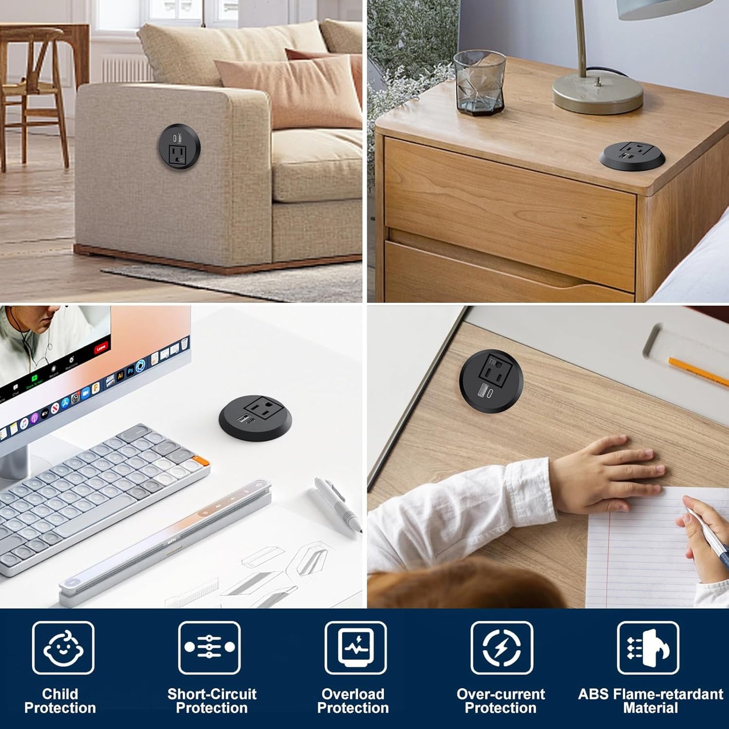 Recessed Power Grommet 2 inch,Tamper-Resistant Design AC Outlets, Fast Charging Station USB-C Port,Desk Hole Grommet Recessed Outlet,Round Desktop Conference Room Power Grommet Outlet.(Black)