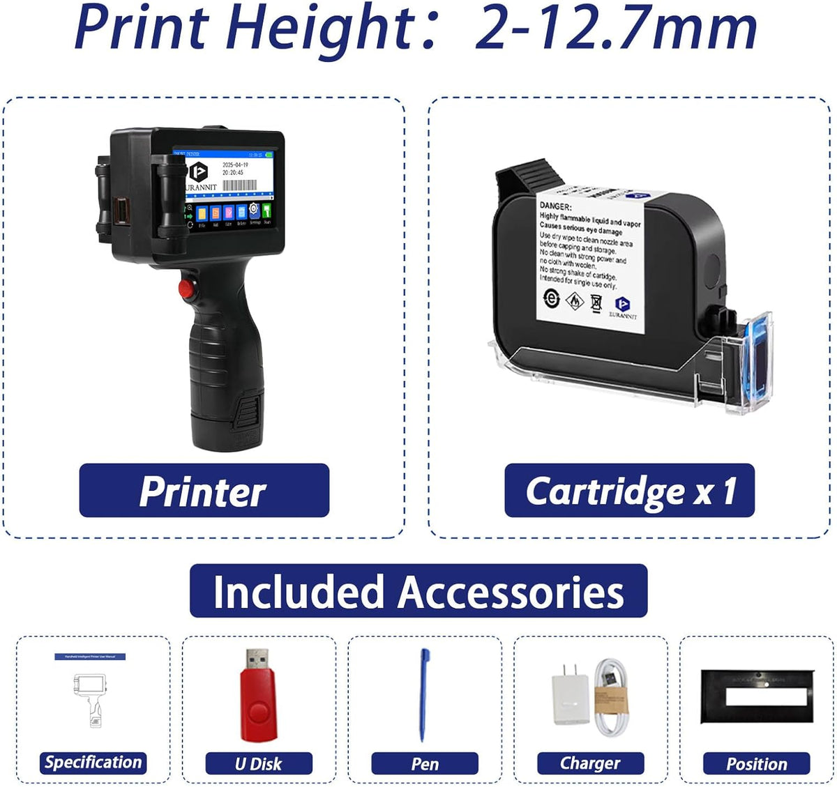 Handheld Inkjet Printer E55 with W6900K Fast-Drying Ink Cartridge, Portable Handheld Printer Gun 0.5 Inch Nozzle for Serial Numbers Logo DIY QRCode barcodes, Print on Carton Plastic Metal