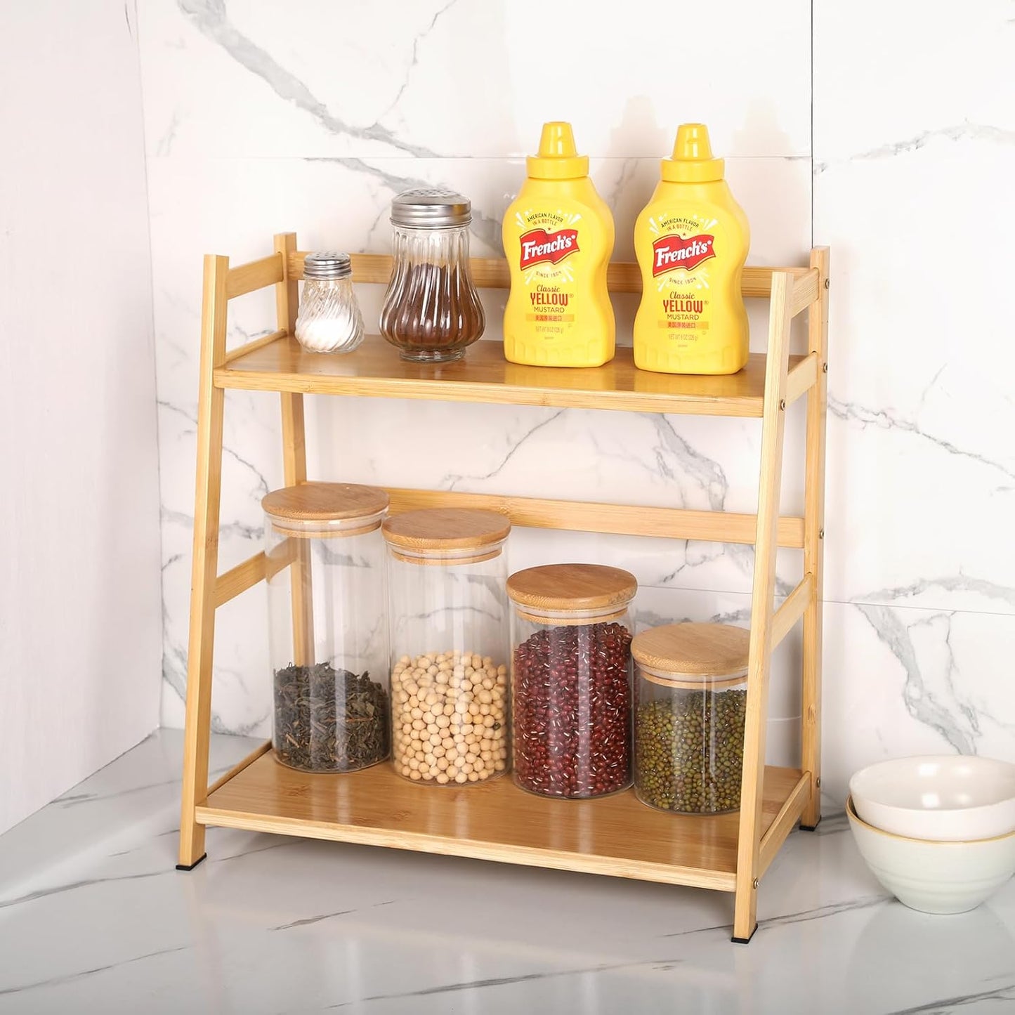 Countertop Organizer Bamboo Spice Rack 2-Tier Desktop Bookshelf Wooden Storage Stand for Kitchen, Office and Dorm, Desk Organizer for Books and Decor (Small)