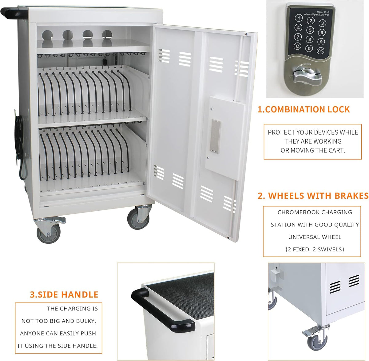 32 Device Mobile Charging Cart with Password Lock, Mobile Ipad Cart for iPads, Chromebooks and Laptop Computers, Locking Charging Station with Lock & Key for The Front Back Door, Surge Protection