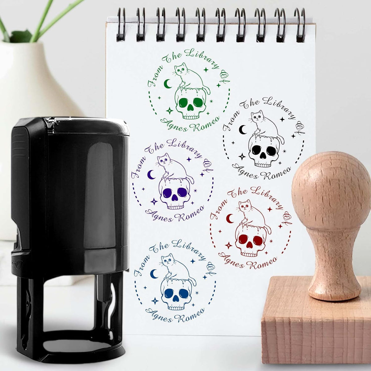 Skull Themed Library Book Embosser, Custom Book Business Card Paper Document Notebook, Self Inking Stamp,Book Lover Gifts,Christmas Gifts (Style16)