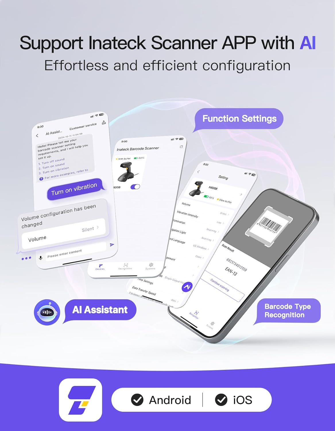 Inateck Wireless Barcode Scanner, 1D/2D QR Code Scanner with Smart Base, Bluetooth/2.4G/USB 3-in-1 Connectivity, Compatible with Windows/iOS/Android/Mac/Linux for Retail/Warehouse/Logistics