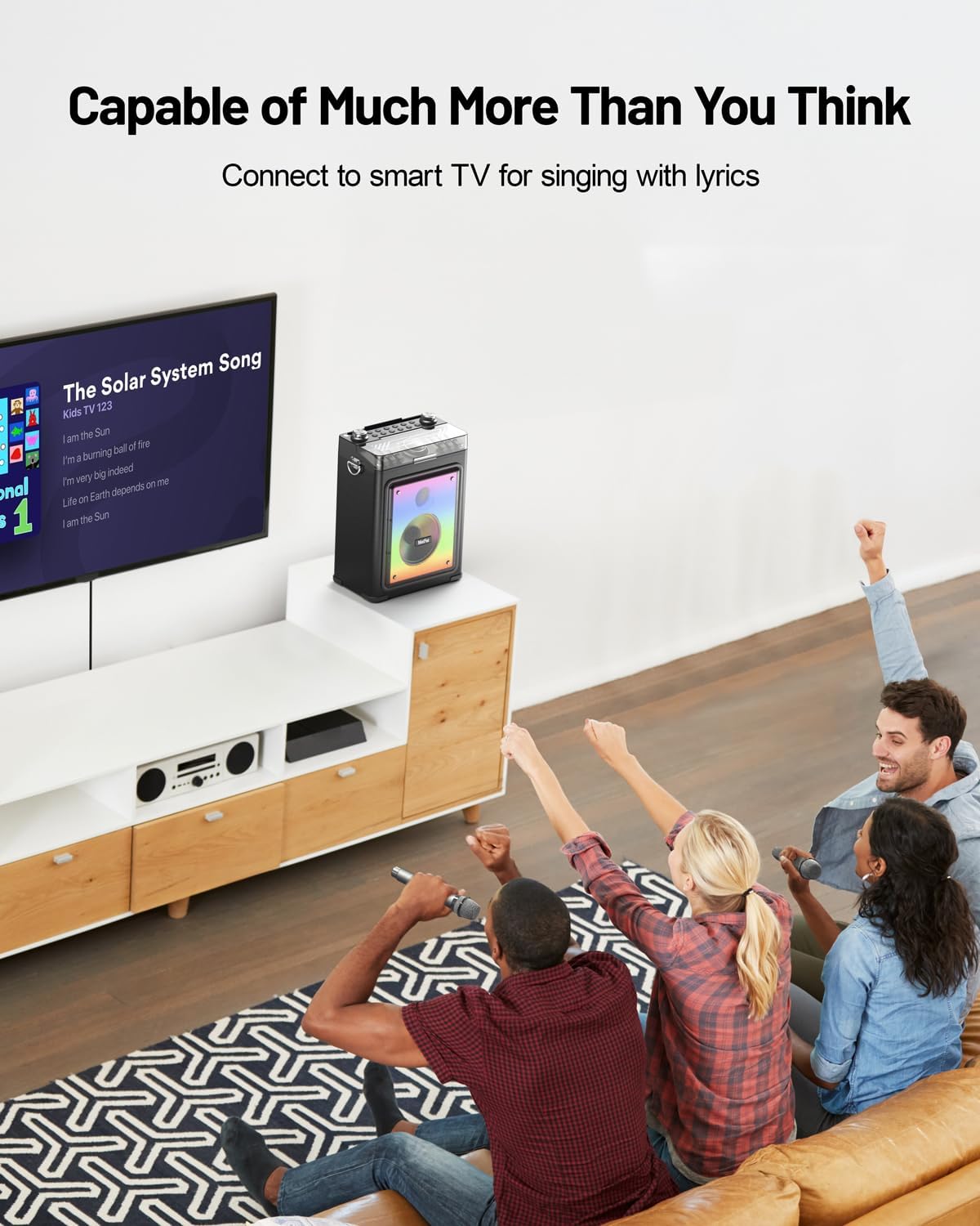 Professional Karaoke Machine for Adults with Bluetooth 5.3, 2 Wireless Mics, Portable Wooden Speaker PA System with Bass/Treble Adjustment for Backyard, Home Parties and Camping-Blue