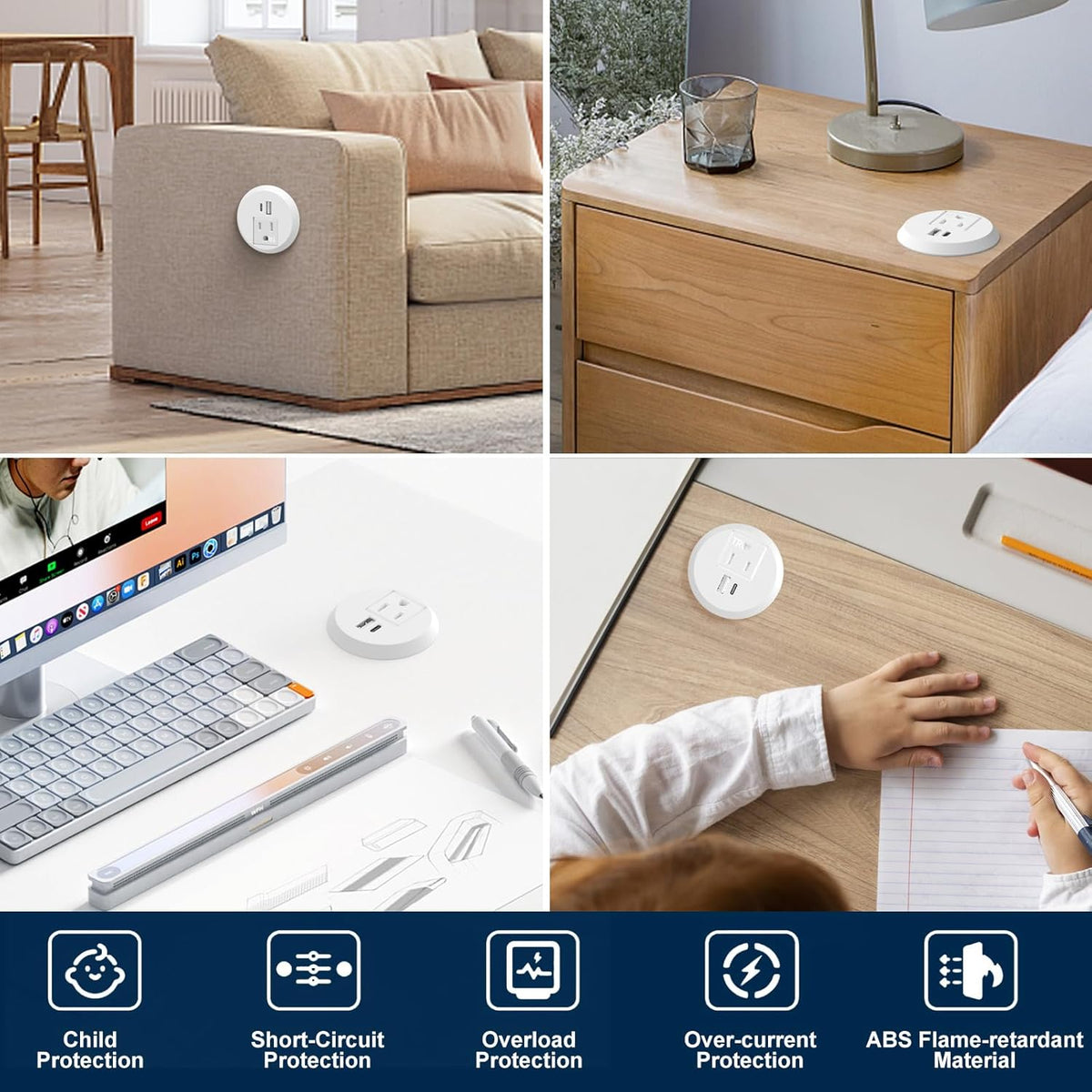 Recessed Power Grommet 2 inch,Tamper-Resistant Design AC Outlets, Fast Charging Station USB-C Port,Desk Hole Grommet Recessed Outlet,Round Desktop Conference Room Power Grommet Outlet (White)