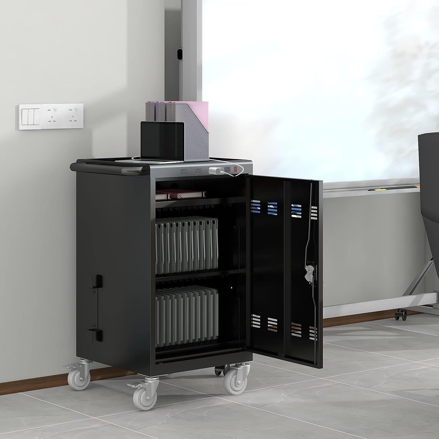 35 Device Mobile Charging Station for Laptops/Tablets/iPads/Chromebooks,35 Bay Lockable Charging Cabinet with Cable Management & Power Strip Included, Laptop & Tablet Storage Carts,Easy Assembly