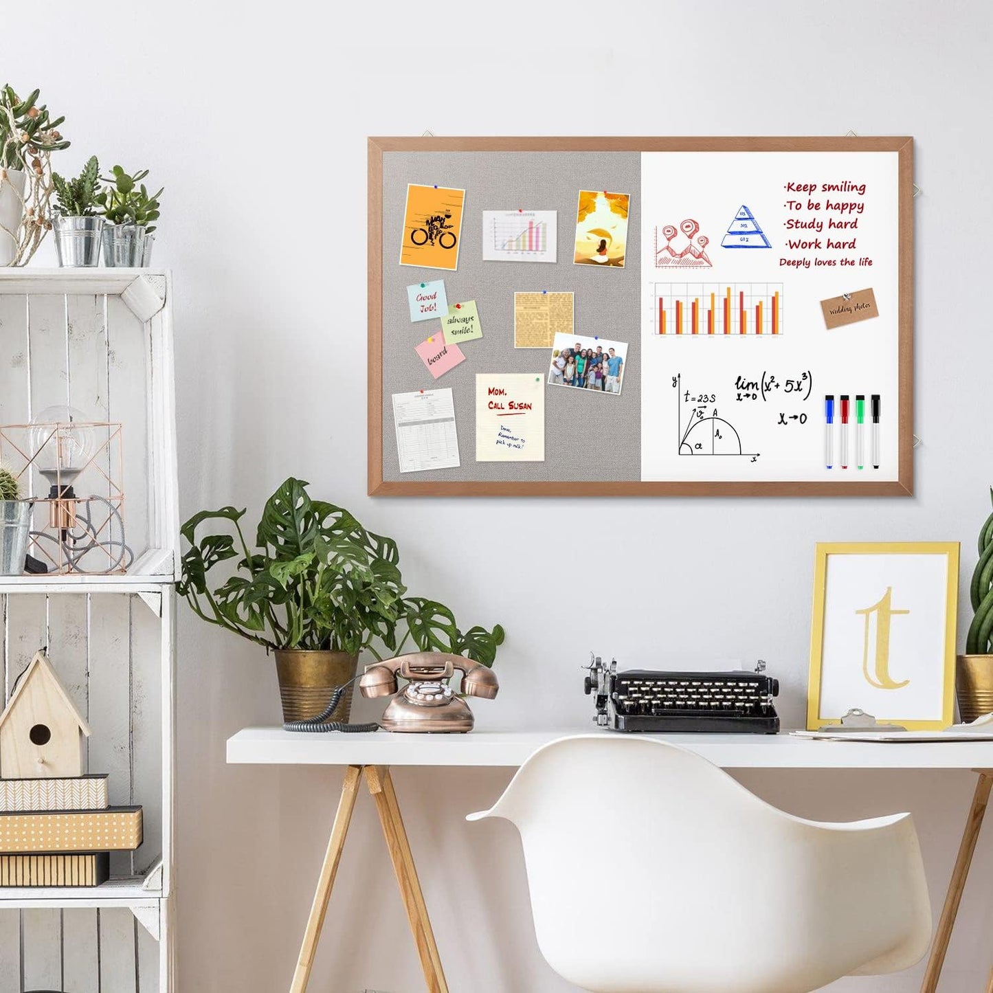 Grey Felt Bulletin/Dry Erase White Combo Board, 24" X 18“ Combination Whiteboard/Bulletin Board, Pin Board with Natural Wood Frame…