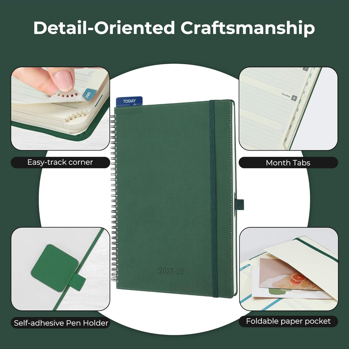 Planner 2025-2026 Daily Weekly and Monthly,11.5"x8.5",18 Months Spiral Bound Calendar Agenda with Self-adhesive Pen Holder,2026 Academic Plan with Vegan Leather Soft Cover,Green