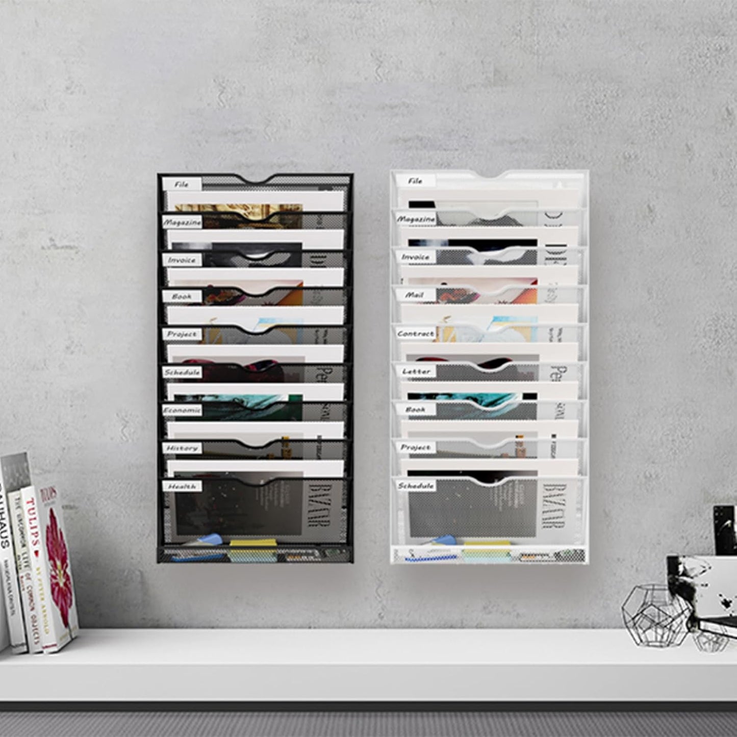10 Tier Hanging Wall File Holder, Metal A4 Wall Mounted Document Holder, Vertical Hanging Mail Organizer, Magazine Storage Rack With Tray For Office Home Classroom, Black