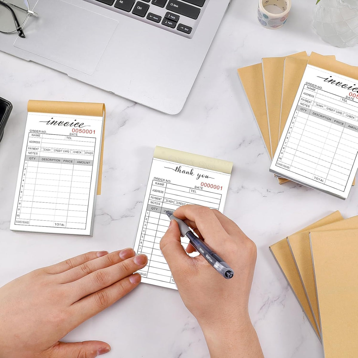 12 Pack Thank You Receipt Book, 3.4x5.5" Handheld 2-Part Carbonless Sales Invoice Book, Invoice Pad with Cardboard for Small Boutique Business, (50 Sets)