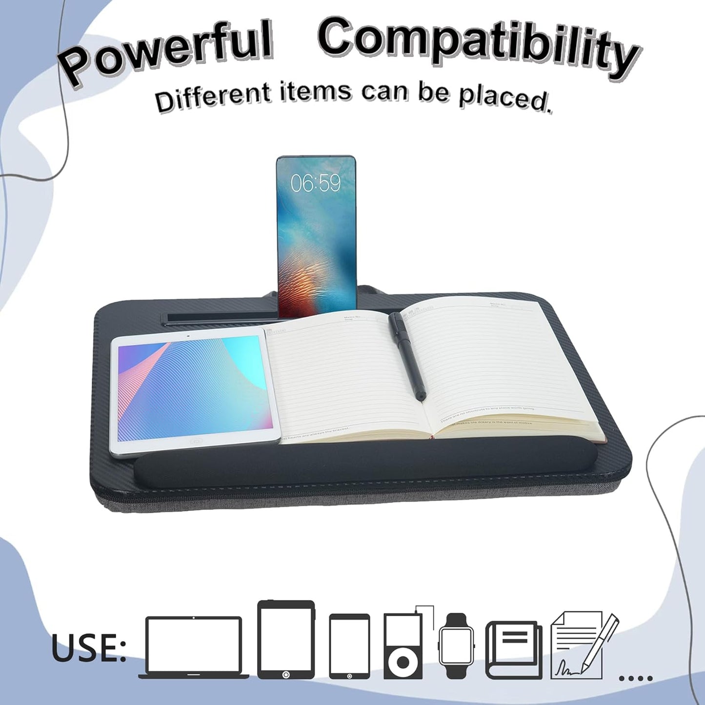 Portable Laptop Desk Fits Up to 16“ Laptops, with Tablet Slot, Built-in Cushion, Great for Home & Office,Lap Desk for Laptop,Lap Desk with Cushion (Black with Wrist Rest, Medium)