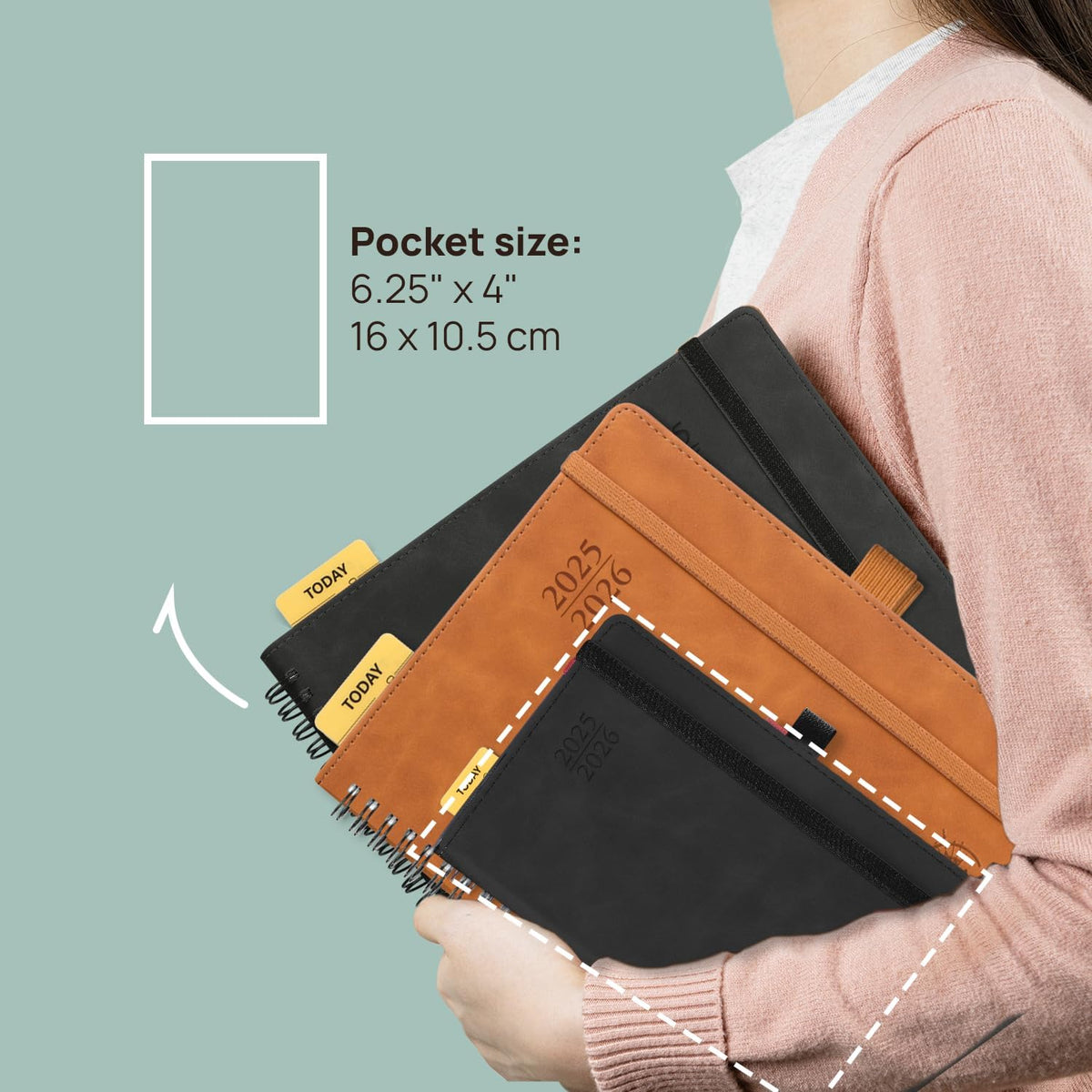 POPRUN Planner 2025-2026 Weekly Notebook (Pocket Size 4''x 6.25''), Small Academic Calendar for Purse with Spiral Soft Cover, Plastic Ruler, Inner Pocket, 100 GSM - Pink