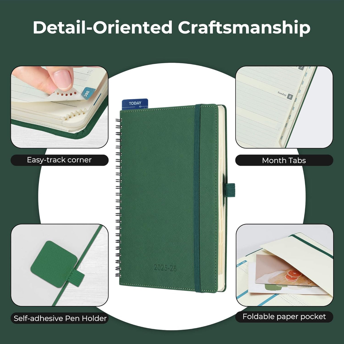 Planner 2025-2026 Daily Weekly and Monthly,8.5"x6.5",18 Months Spiral Bound Calendar Agenda with Self-adhesive Pen Holder,2026 Academic Plan with Vegan Leather Soft Cover,Green
