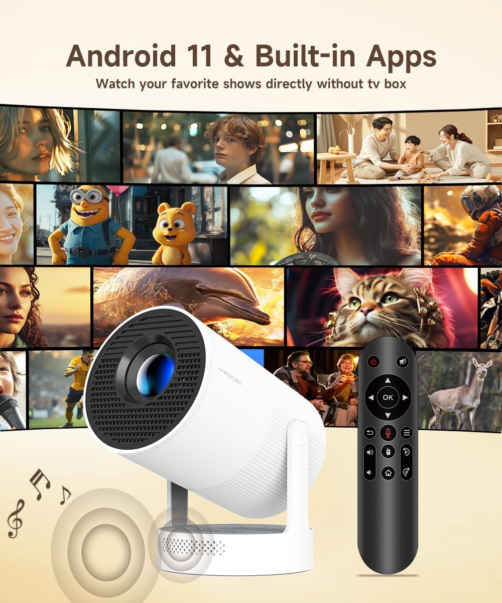 【Electric Focus】Magcubic Mini Projector 4K Support, Portable Projector with WiFi 6 and Bluetooth 5.4, Smart Proyector, 5W Soundbase Speaker, 180° Rotation for Home Theater HY300 Ultra