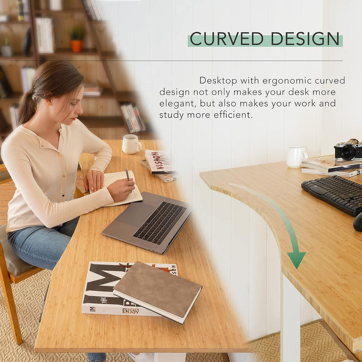 FLEXISPOT E6 Essential Bamboo 3 Stages Dual Motor 60x30 Inch Electric Height Adjustable Standing Whole-Piece Board Desk Sit Stand Up Desk (White Frame + Bamboo Curved Desktop)