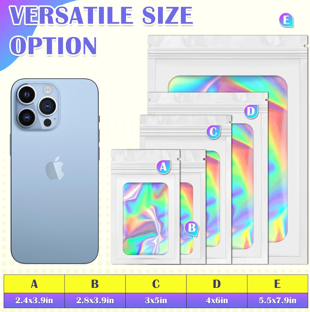 Mylar Bags, 100 PCS Holographic Bags, White Smell Proof Bag with Front Window, Small Business Packaging Supplies, Resealable Bag for Food Storage, Bracelets, Jewelry, Sample (4x6in)