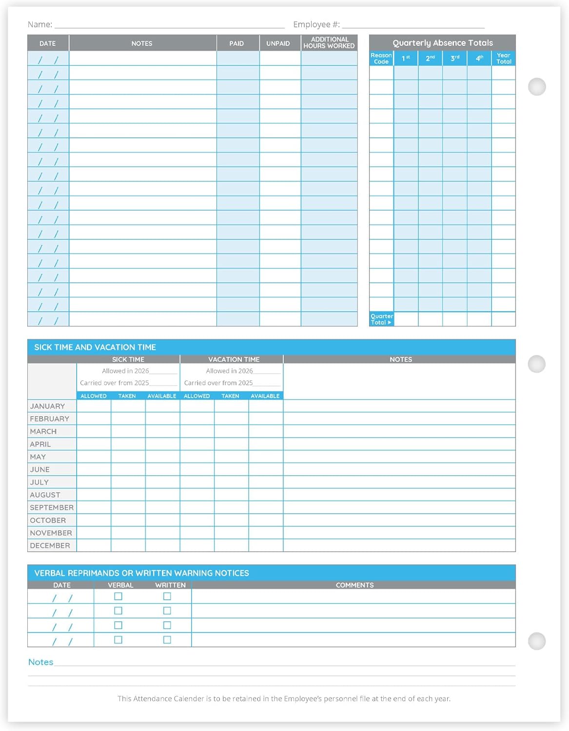 Blue Summit Supplies 50 Sheet Attendance Calendar, Employee 2026 Attendance Sheets for 3 Hole Binder, Convenient Tracker for Employee Attendance Record, Time Off, and Tardiness, 50 Pack