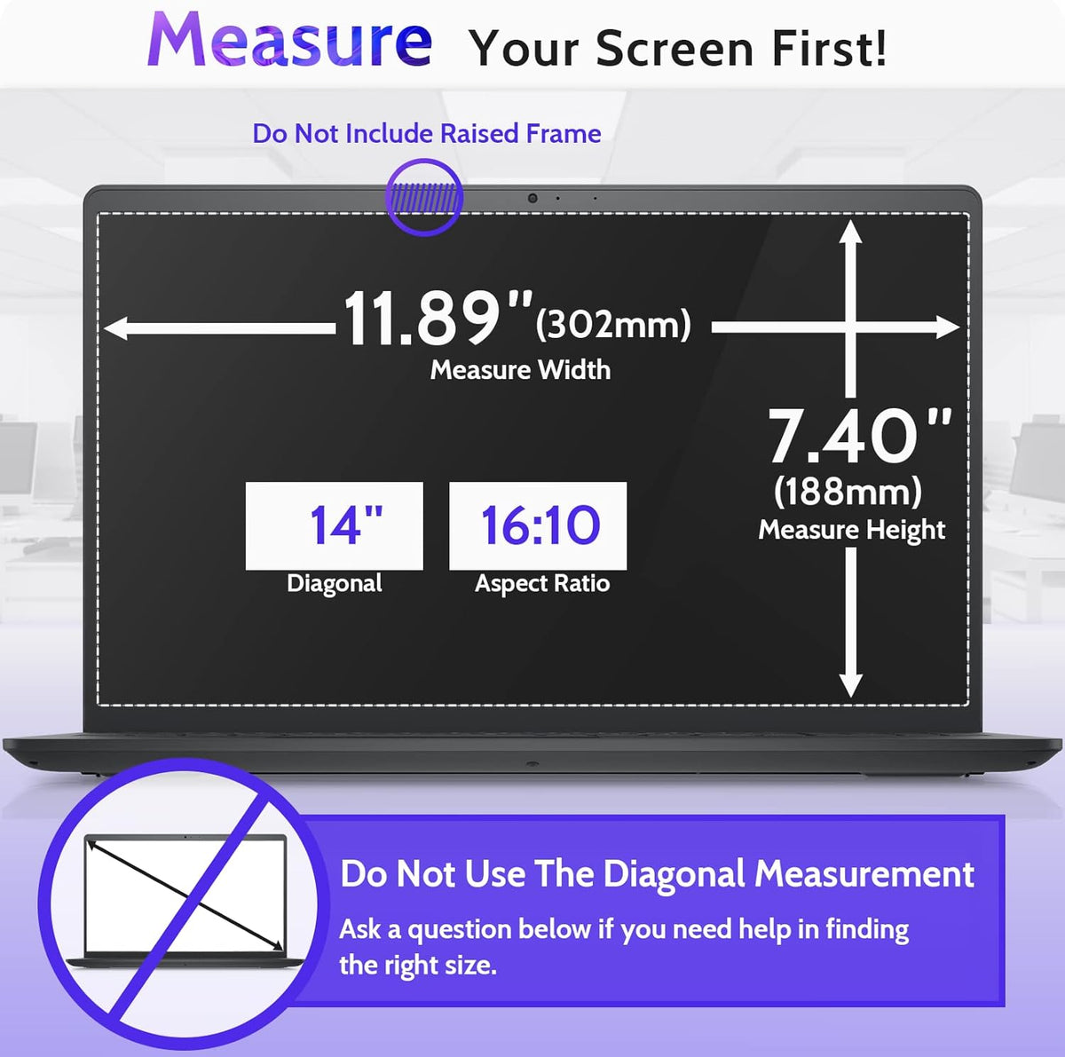 14 Inch Laptop Privacy Screen Compatible with Lenovo Hp Dell Acer Asus Thinkpad Envy Xps Computer 16:10 Aspect, Removable Anti Glare Blue Light Filter Protector, 14inch Monitor Security Shield